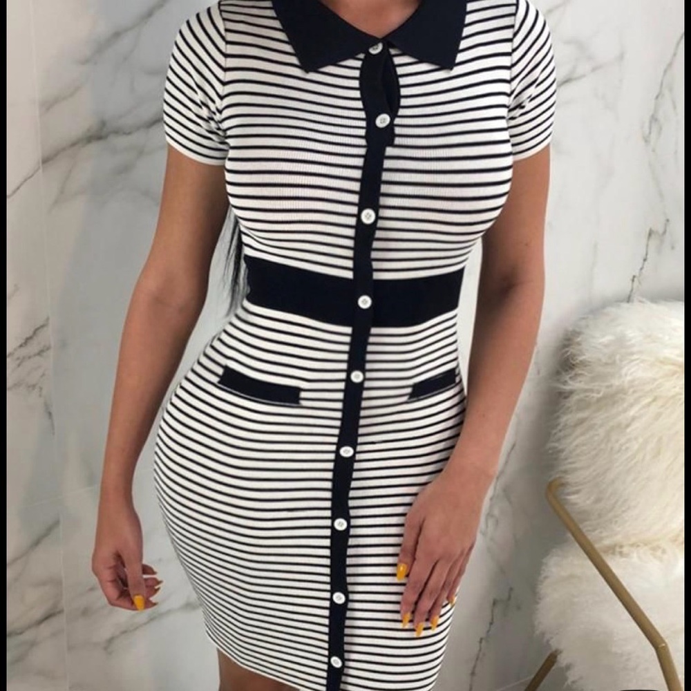 Striped Polo Button-Front Bodycon Dress in Navy & White